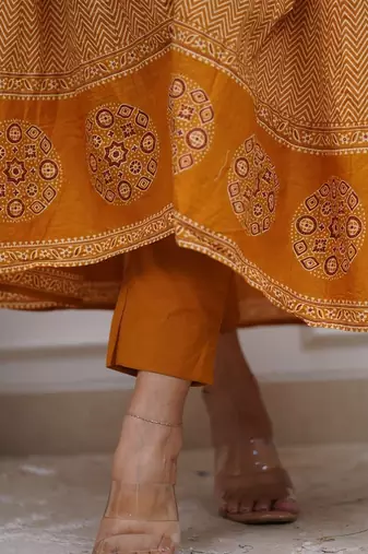Dark mustard cotton printed printed anarkali