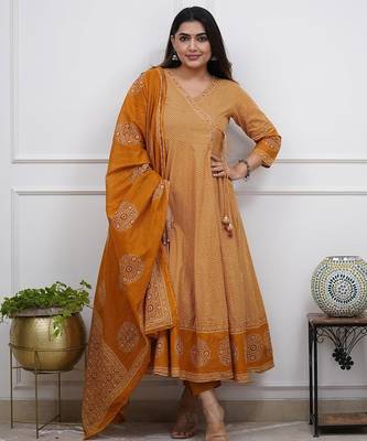 Dark mustard cotton printed printed anarkali 4