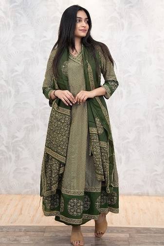 Dark green cotton printed printed anarkali