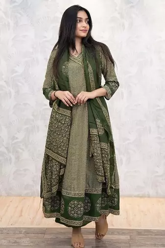 Dark green cotton printed printed anarkali