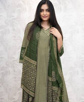 Dark green cotton printed printed anarkali 2