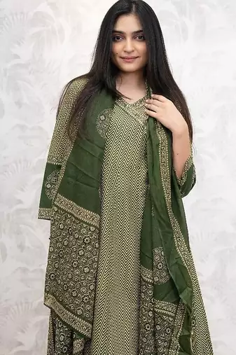 Dark green cotton printed printed anarkali