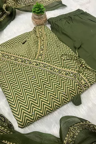 Dark green cotton printed printed anarkali