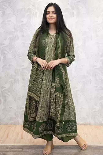Dark green cotton printed printed anarkali