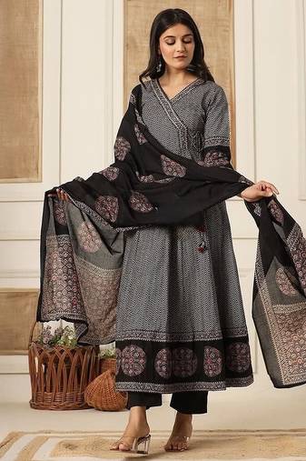 Black cotton printed printed anarkali