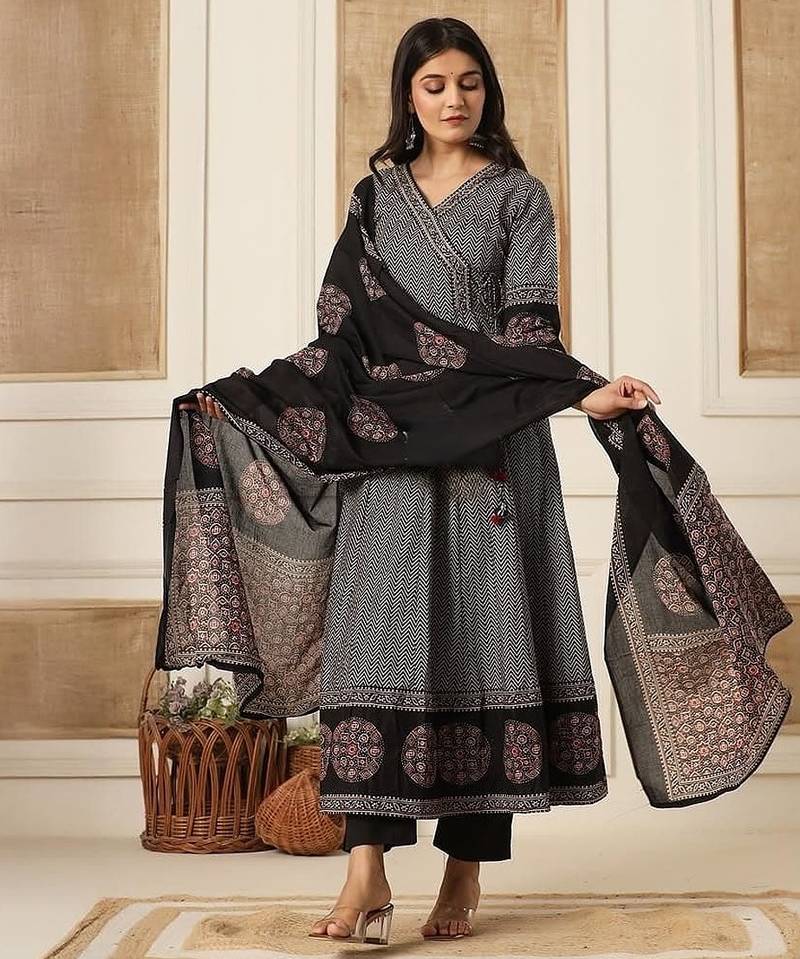 Black cotton printed printed anarkali