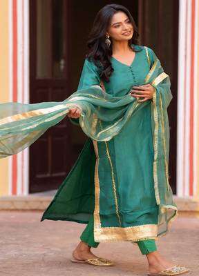 Turquoise silk embroidered suit set 1