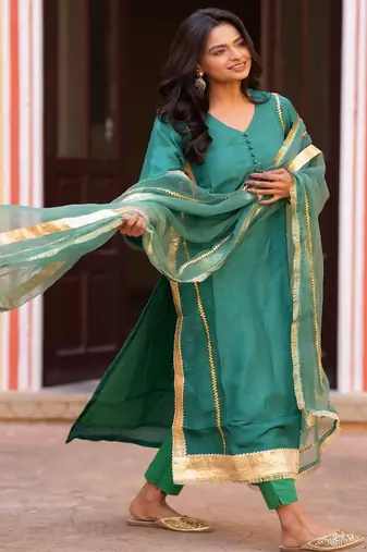 Turquoise silk embroidered suit set