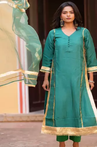 Turquoise silk embroidered suit set