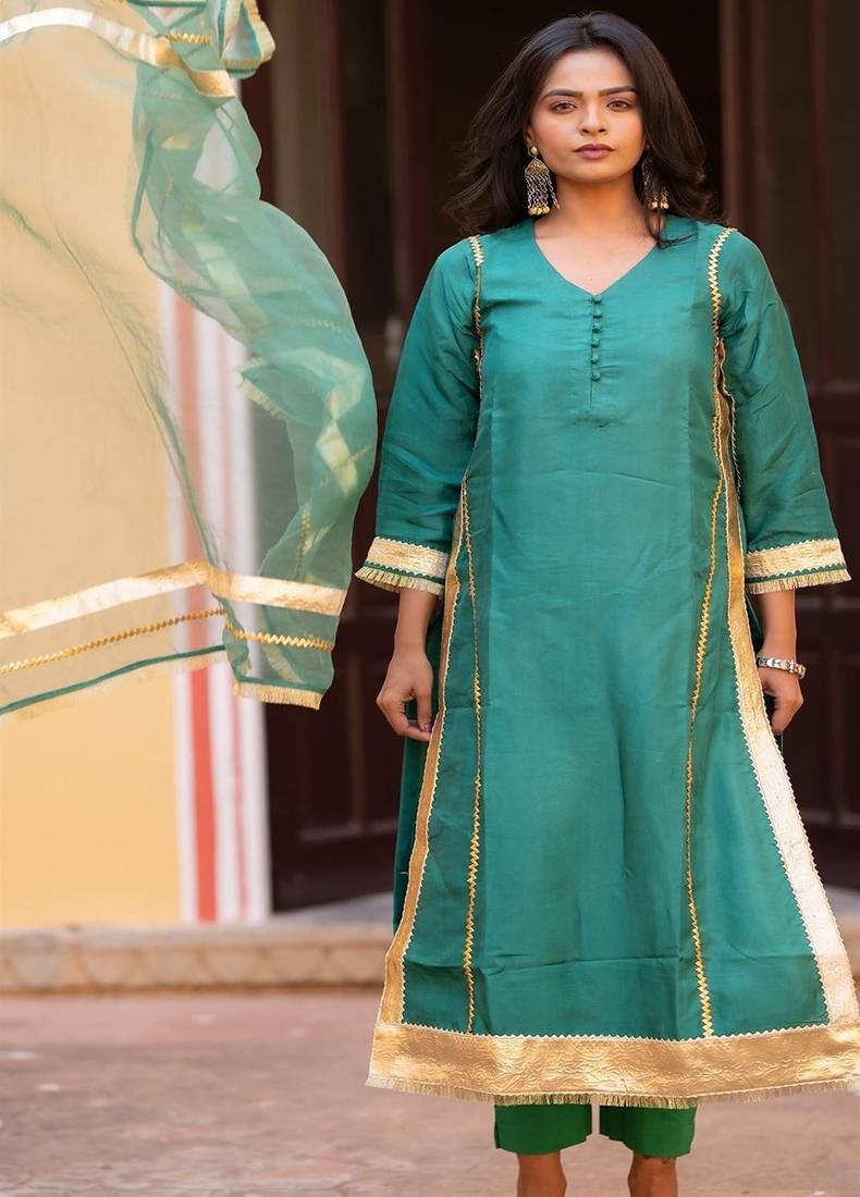 Turquoise silk embroidered suit set