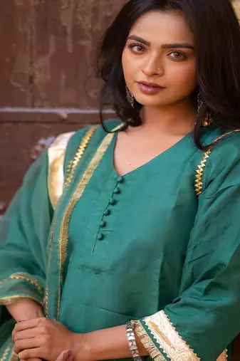 Turquoise silk embroidered suit set