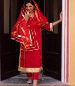 Blood red silk embroidered laffa suit set