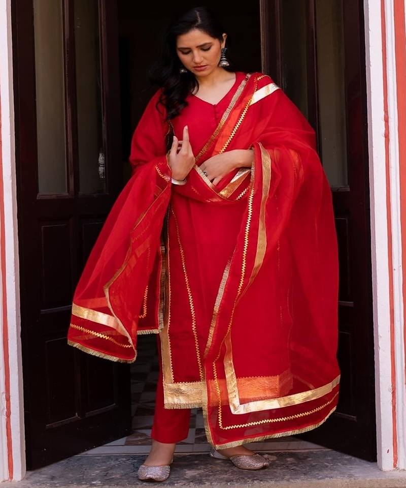 Blood red silk embroidered laffa suit set