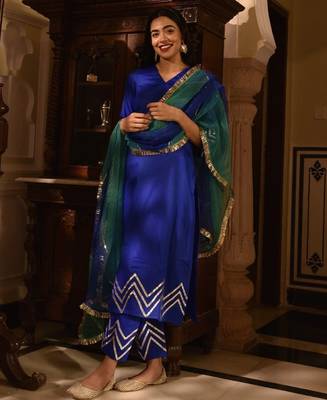 Blue cotton silk embroidered kurta pant with duptta 1