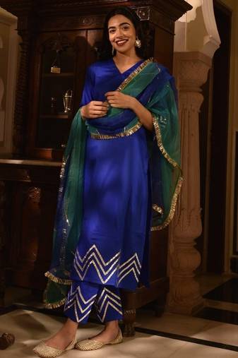 Blue cotton silk embroidered kurta pant with duptta