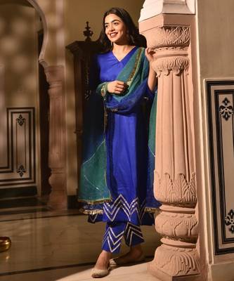 Blue cotton silk embroidered kurta pant with duptta 2