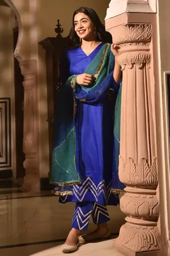Blue cotton silk embroidered kurta pant with duptta