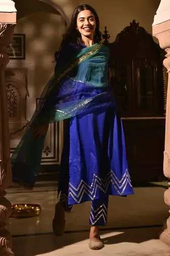 Blue cotton silk embroidered kurta pant with duptta