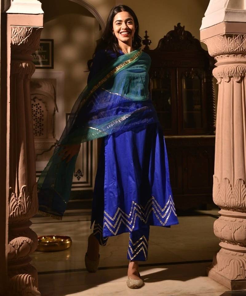 Blue cotton silk embroidered kurta pant with duptta