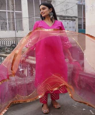 Light hot pink cotton silk embroidered kurta pant with duptta 1