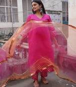 Light hot pink cotton silk embroidered kurta pant with duptta