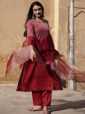 Blood red cotton silk embroidered kurta cut work pant with duptta 1