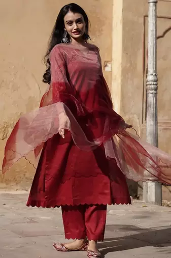 Blood red cotton silk embroidered kurta cut work pant with duptta