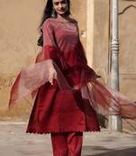 Blood red cotton silk embroidered kurta cut work pant with duptta