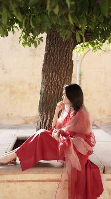Blood red cotton silk embroidered kurta cut work pant with duptta 2