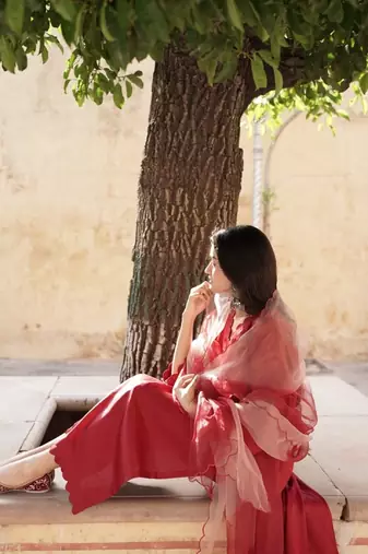 Blood red cotton silk embroidered kurta cut work pant with duptta