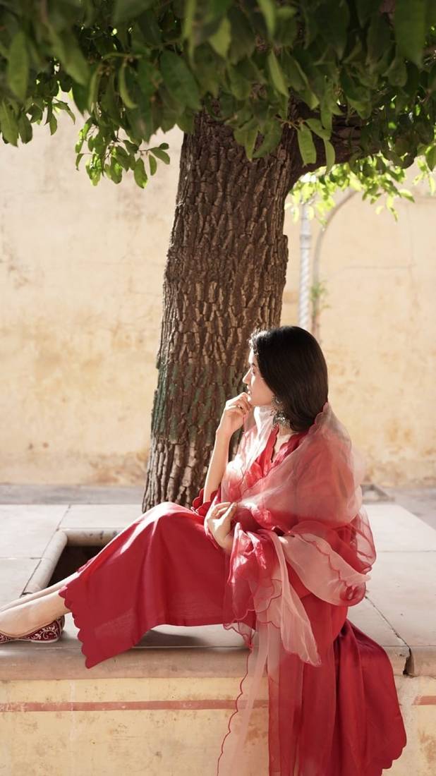 Blood red cotton silk embroidered kurta cut work pant with duptta