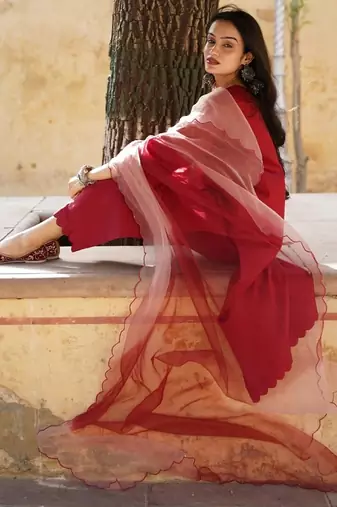 Blood red cotton silk embroidered kurta cut work pant with duptta