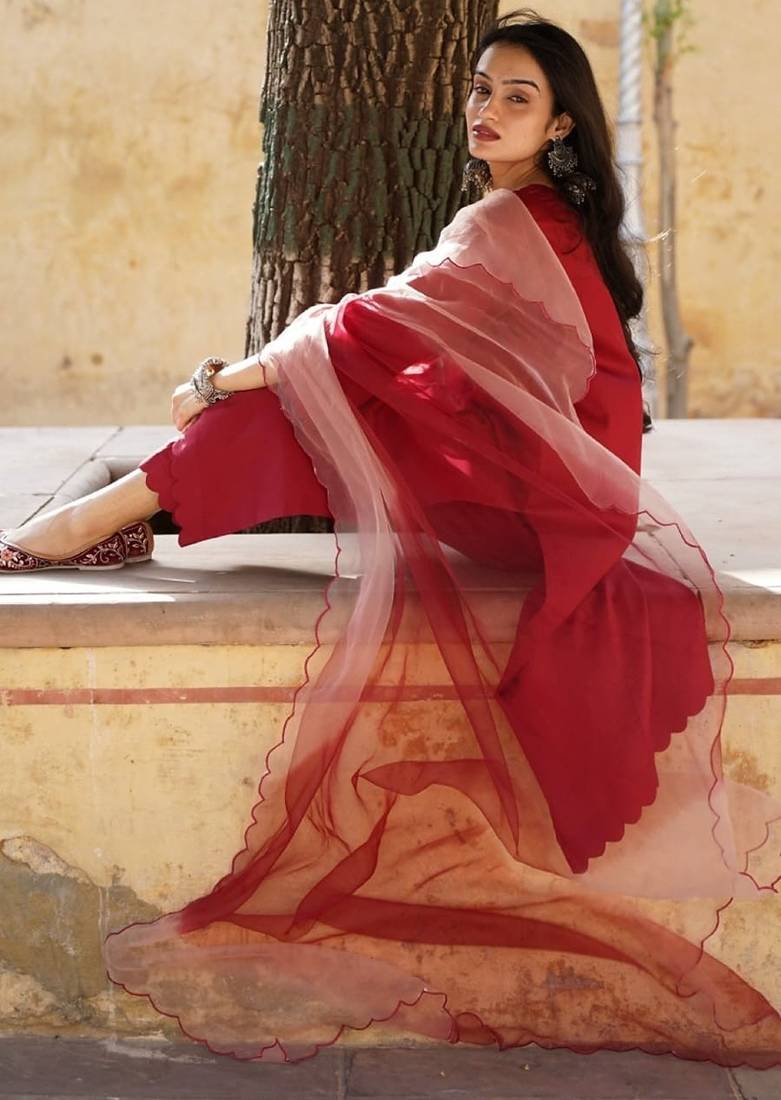 Blood red cotton silk embroidered kurta cut work pant with duptta