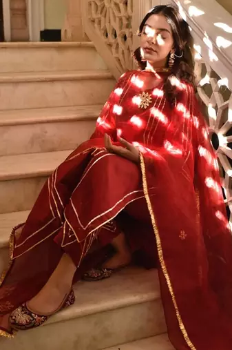 Blood red cotton silk embroidered kurta cut work pant with duptta