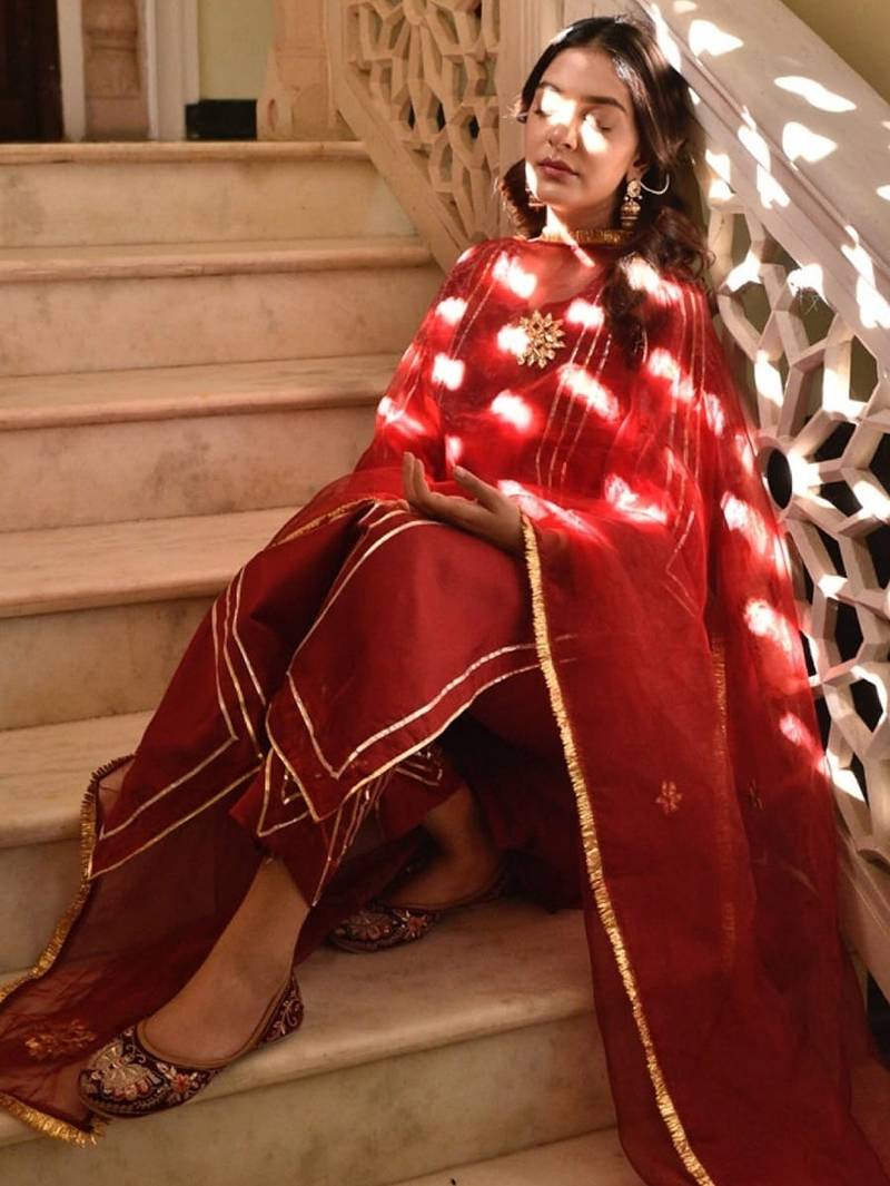 Blood red cotton silk embroidered kurta cut work pant with duptta