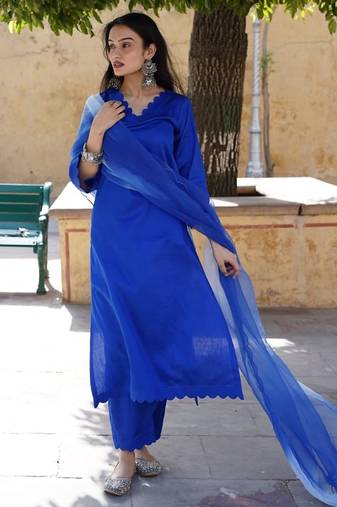 Blue cotton silk embroidered kurta cut work pant with duptta