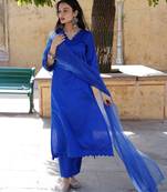 Blue cotton silk embroidered kurta cut work pant with duptta