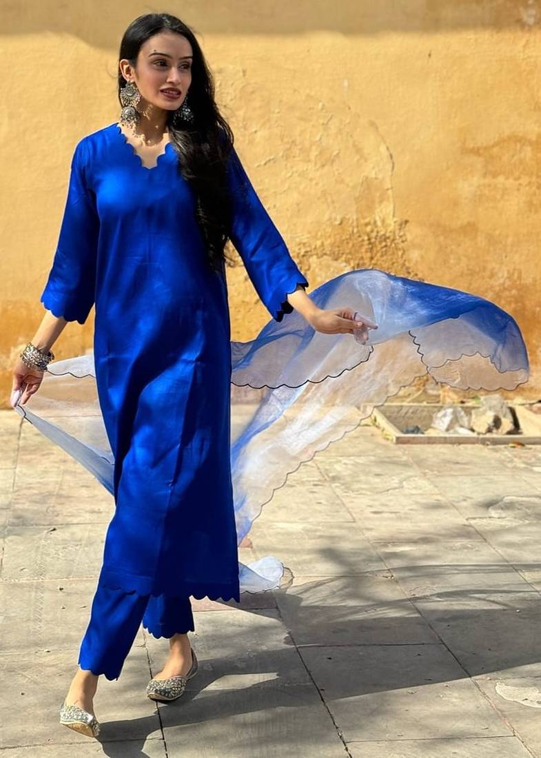 Blue cotton silk embroidered kurta cut work pant with duptta