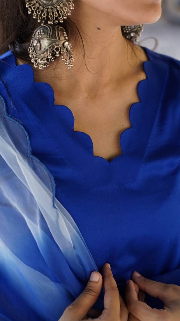 Blue cotton silk embroidered kurta cut work pant with duptta