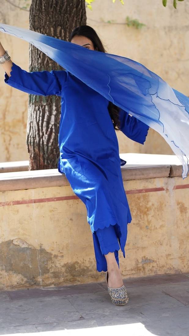 Blue cotton silk embroidered kurta cut work pant with duptta