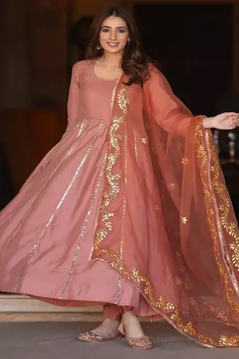 Onion pink silk embroidered kurta anarkali pant with duptta