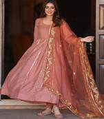 Onion pink silk embroidered kurta anarkali pant with duptta