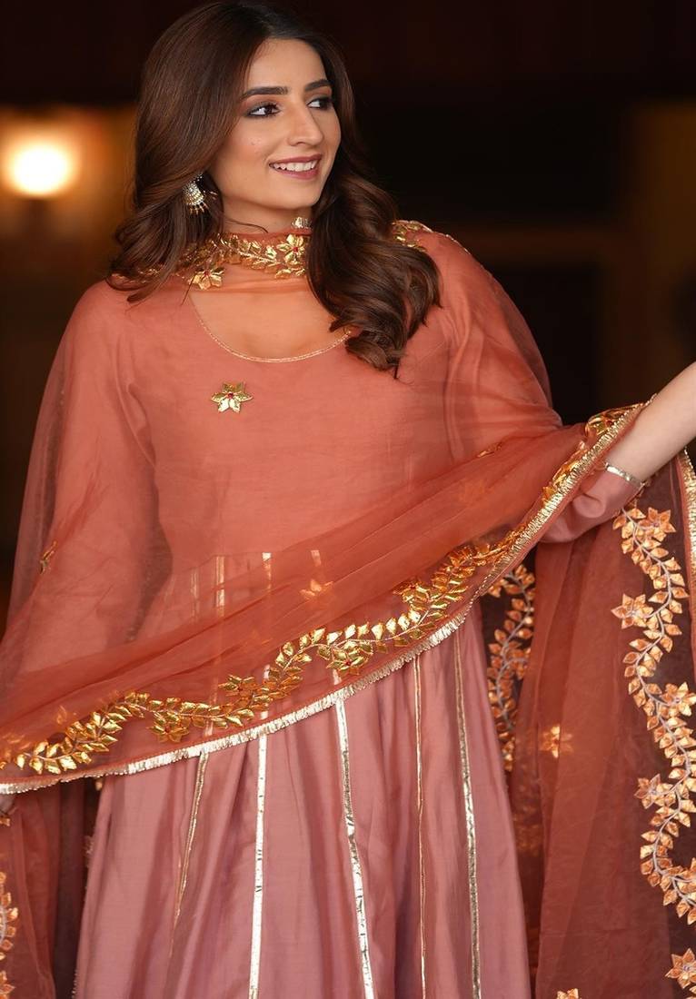 Onion pink silk embroidered kurta anarkali pant with duptta