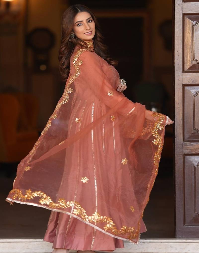 Onion pink silk embroidered kurta anarkali pant with duptta