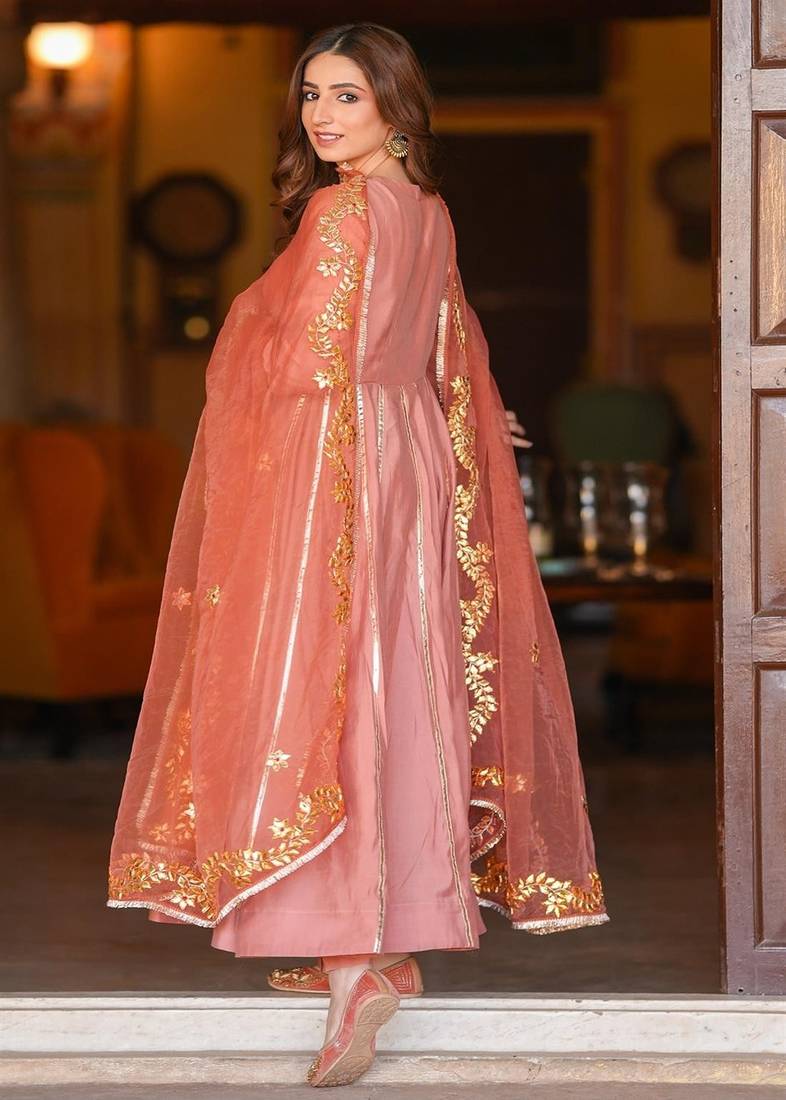 Onion pink silk embroidered kurta anarkali pant with duptta