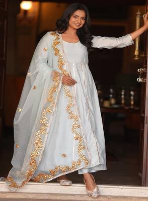 Light aqua blue silk embroidered anarkali pant with duptta 1