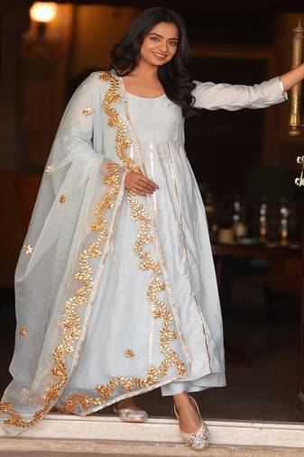 Light aqua blue silk embroidered anarkali pant with duptta
