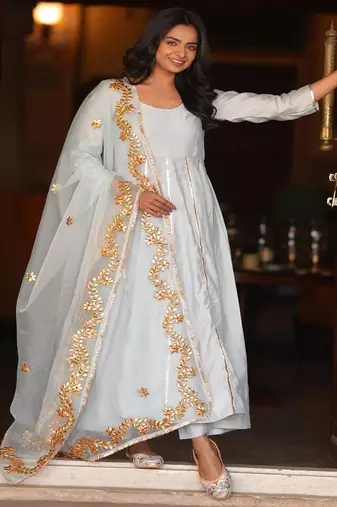 Light aqua blue silk embroidered anarkali pant with duptta