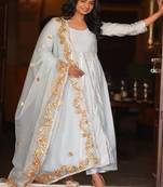 Light aqua blue silk embroidered anarkali pant with duptta