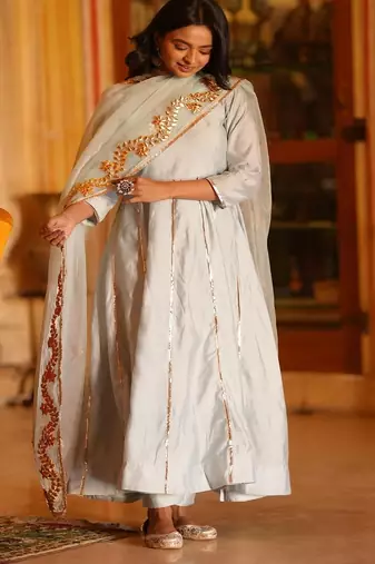 Light aqua blue silk embroidered anarkali pant with duptta